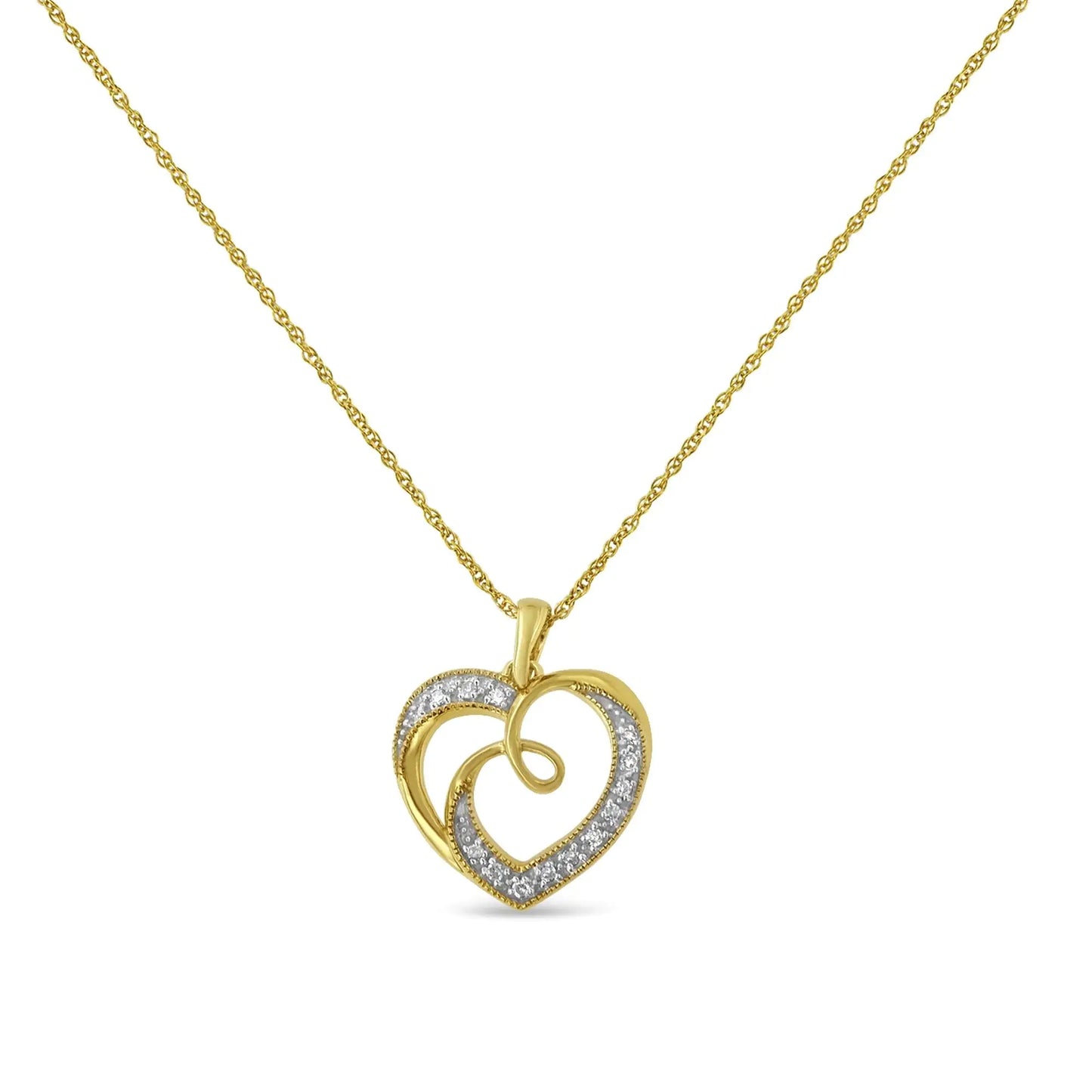 14K Yellow Gold Plated .925 Sterling Silver Diamond Accent Ribbon & Heart 18" Pendant Necklace (H-I Color, I2-I3 Clarity)